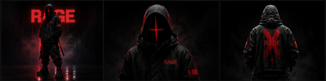RAGE CLUB techwear lookbook showing front, close-up and back views of a black jacket with red markings