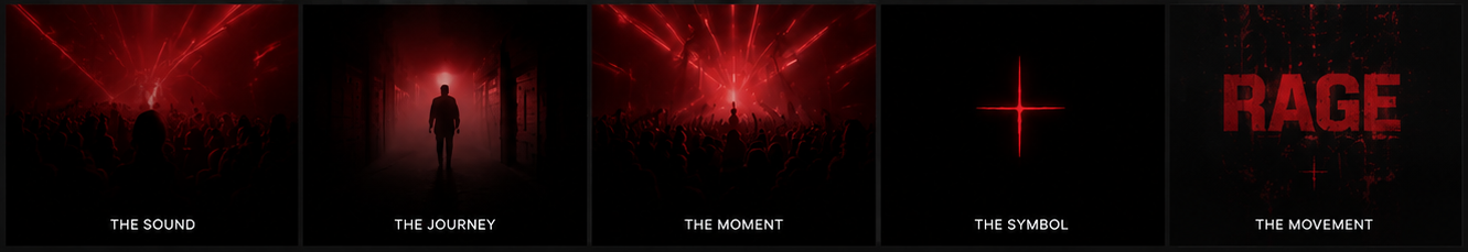 Five RAGE CLUB panels showing the sound, journey, moment, symbol and movement