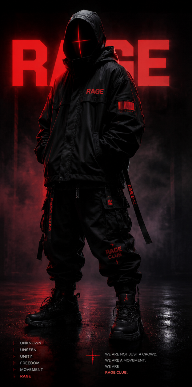 Hooded RAGE CLUB figure in black techwear standing in red smoke